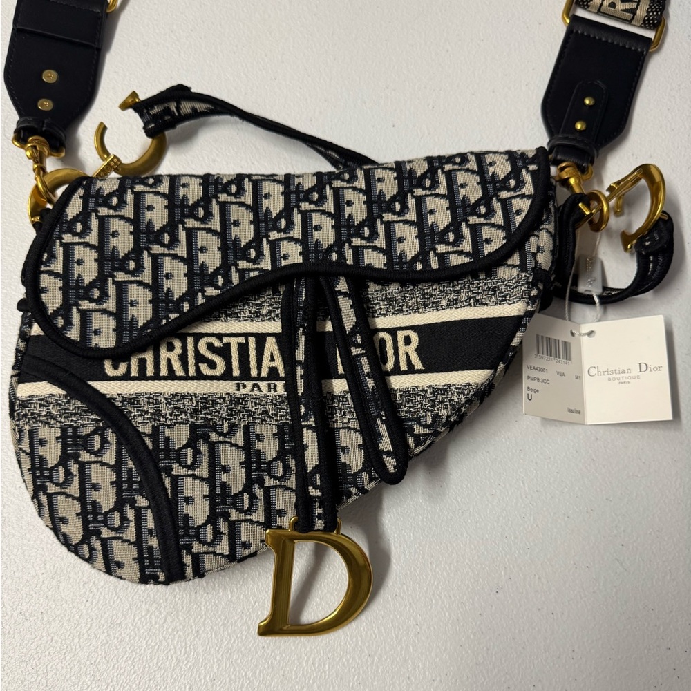 Authentic NWT Christian Dior Boutique Blue Dior Embroidery Saddle Bag
